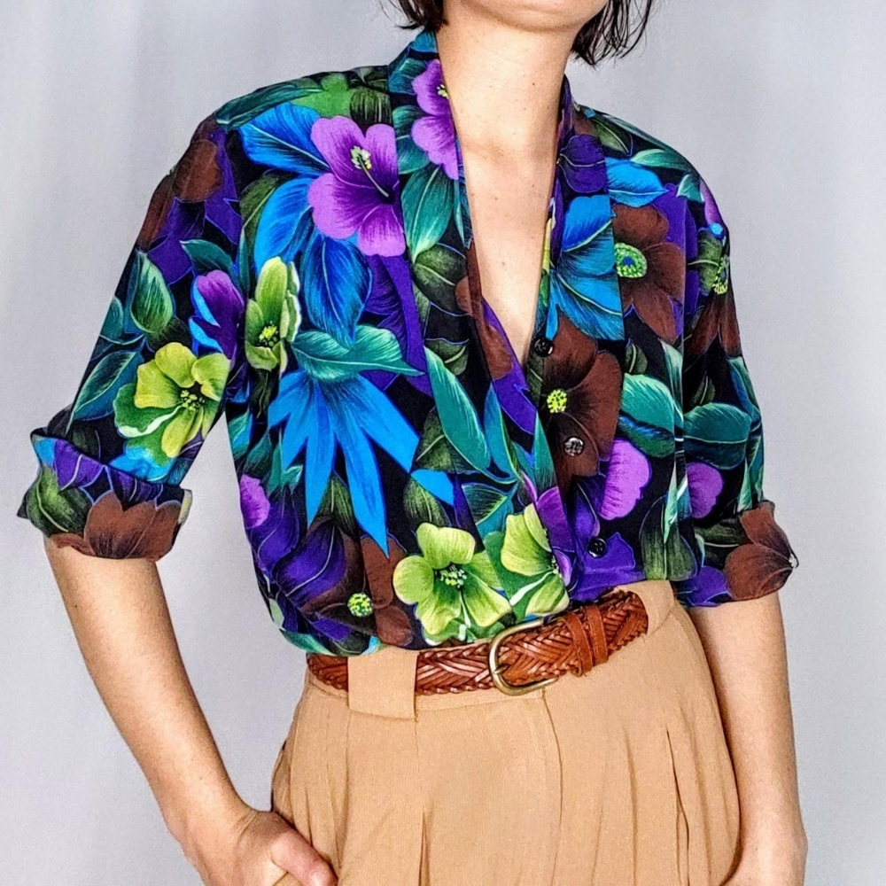 90s silk tropical floral shawl collar blouse
